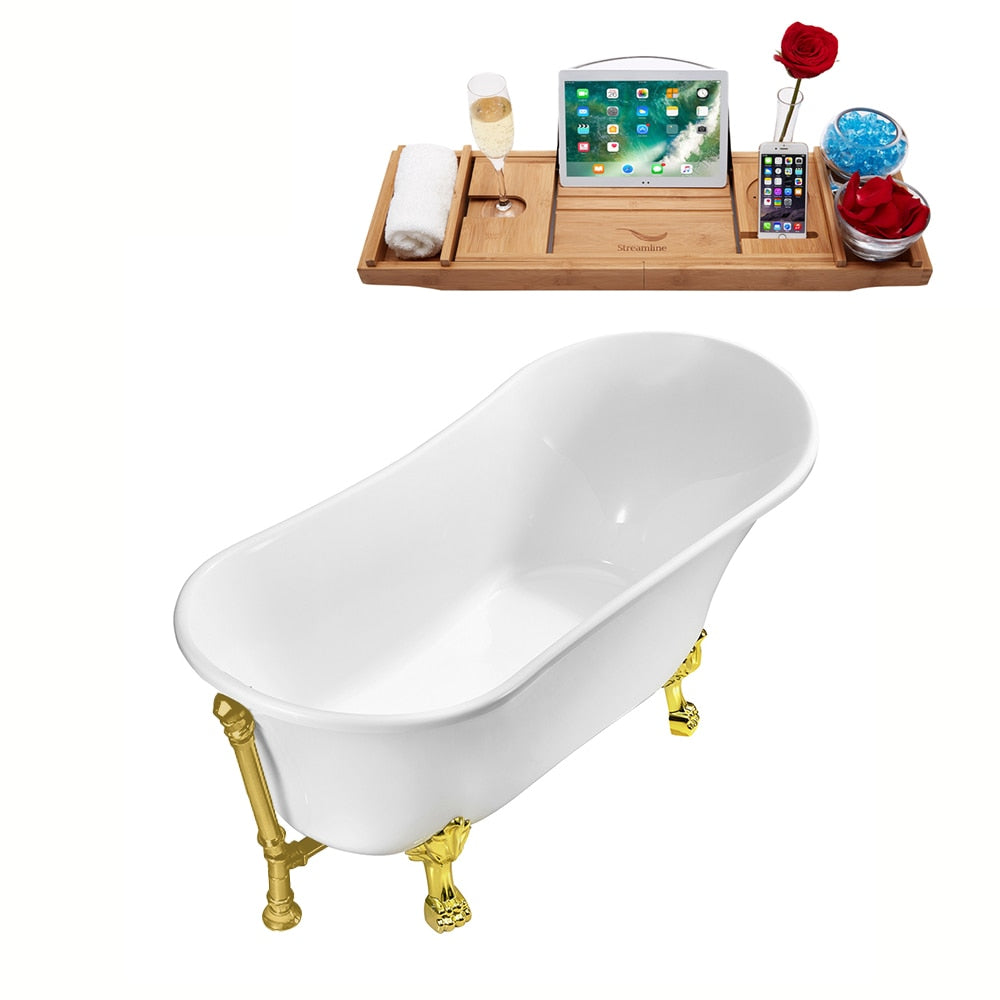 N342GLD-BGL 63 inch Clawfoot Oval Acrylic Bathtub and Tray in Glossy White with Reversible Drain