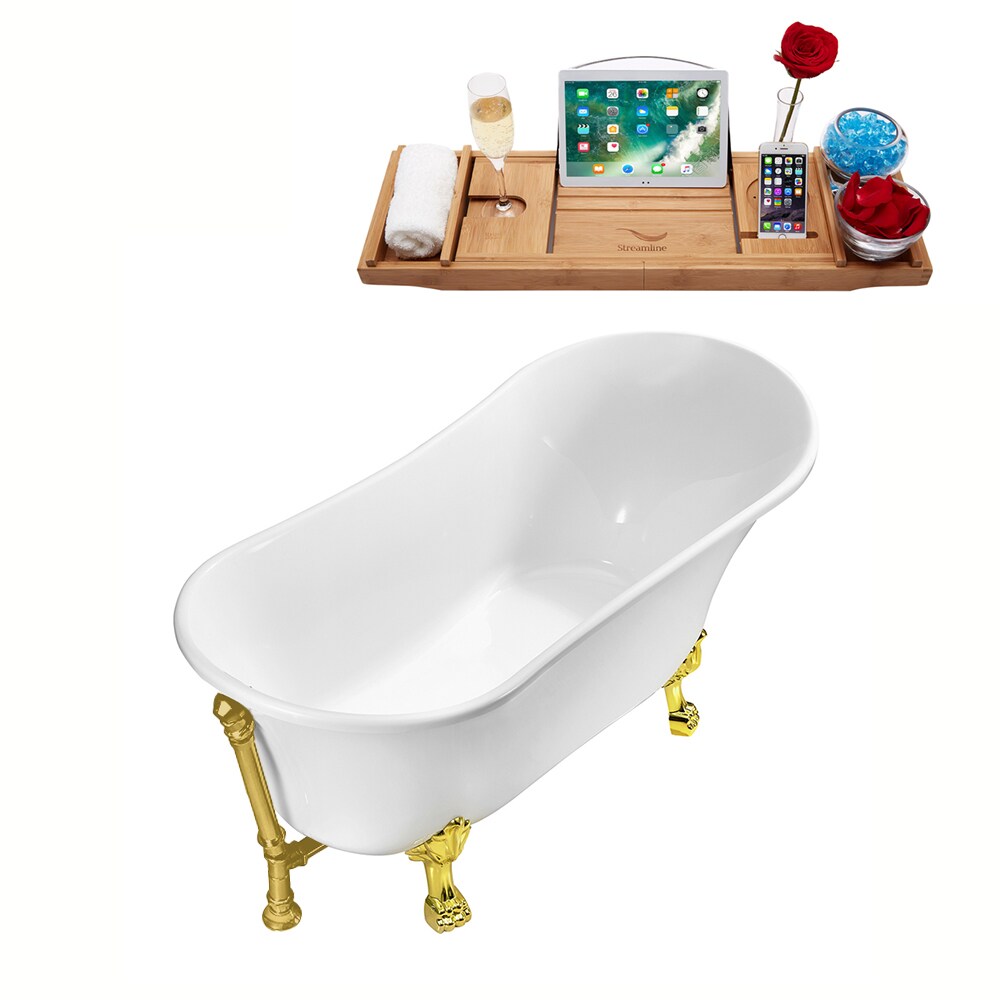 N342GLD-BGL 63 inch Clawfoot Oval Acrylic Bathtub and Tray in Glossy White with Reversible Drain