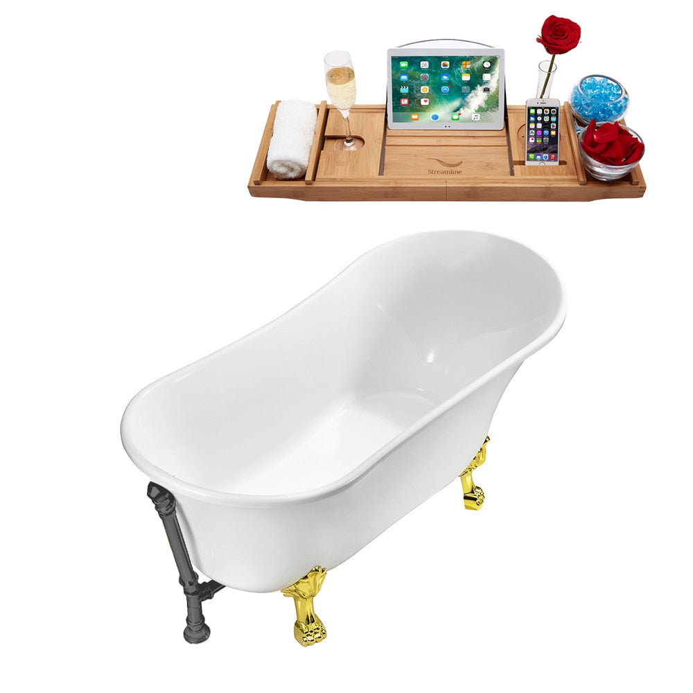 N342GLD-BGM 63 inch Clawfoot Oval Acrylic Bathtub and Tray in Glossy White with Reversible Drain