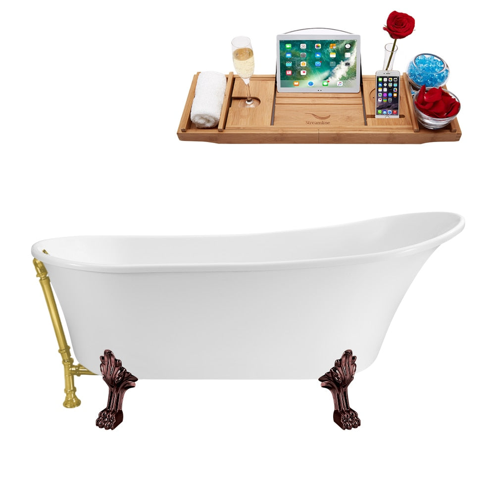 N342ORB-BGL 63 inch Clawfoot Oval Acrylic Bathtub and Tray in Glossy White with Reversible Drain