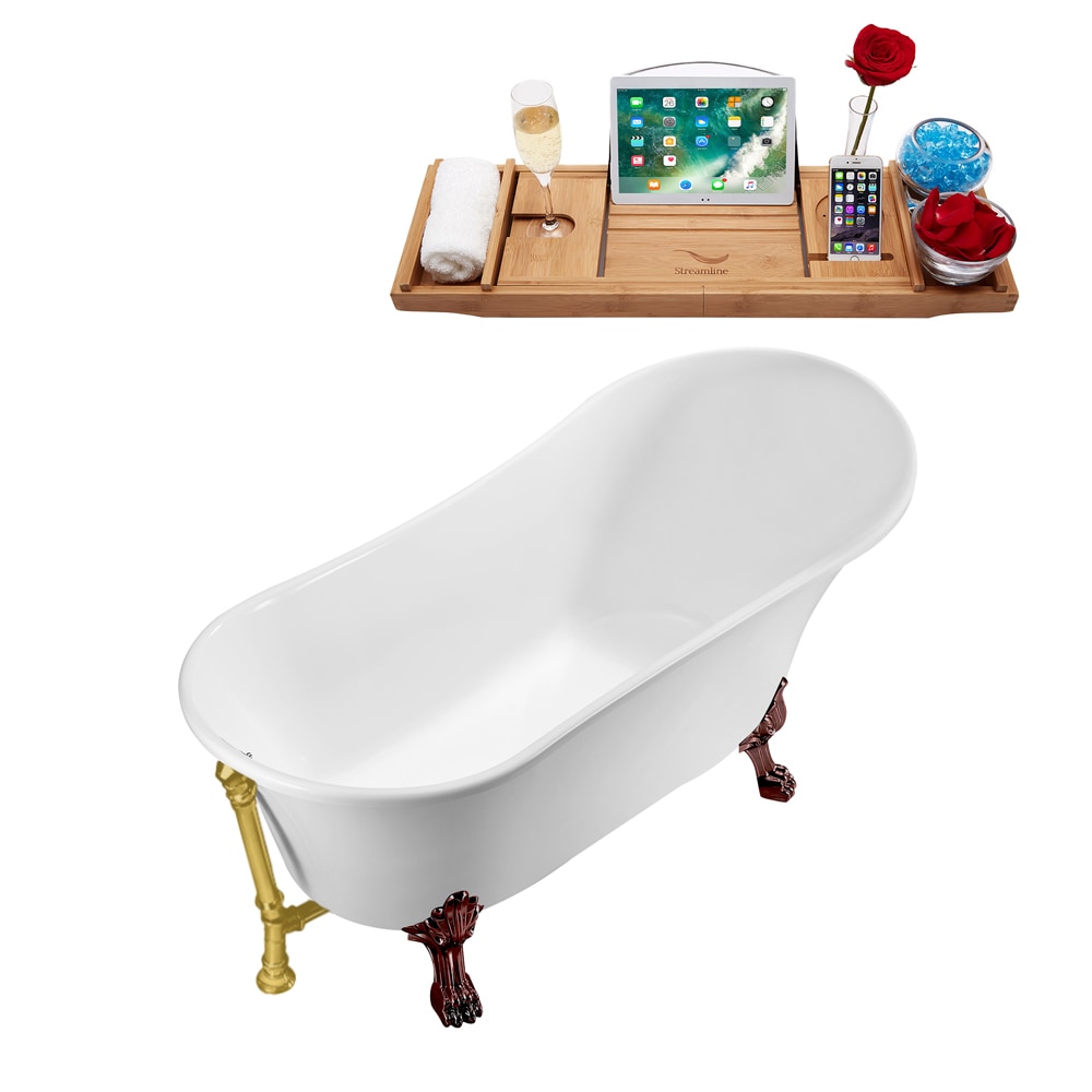N342ORB-BGL 63 inch Clawfoot Oval Acrylic Bathtub and Tray in Glossy White with Reversible Drain
