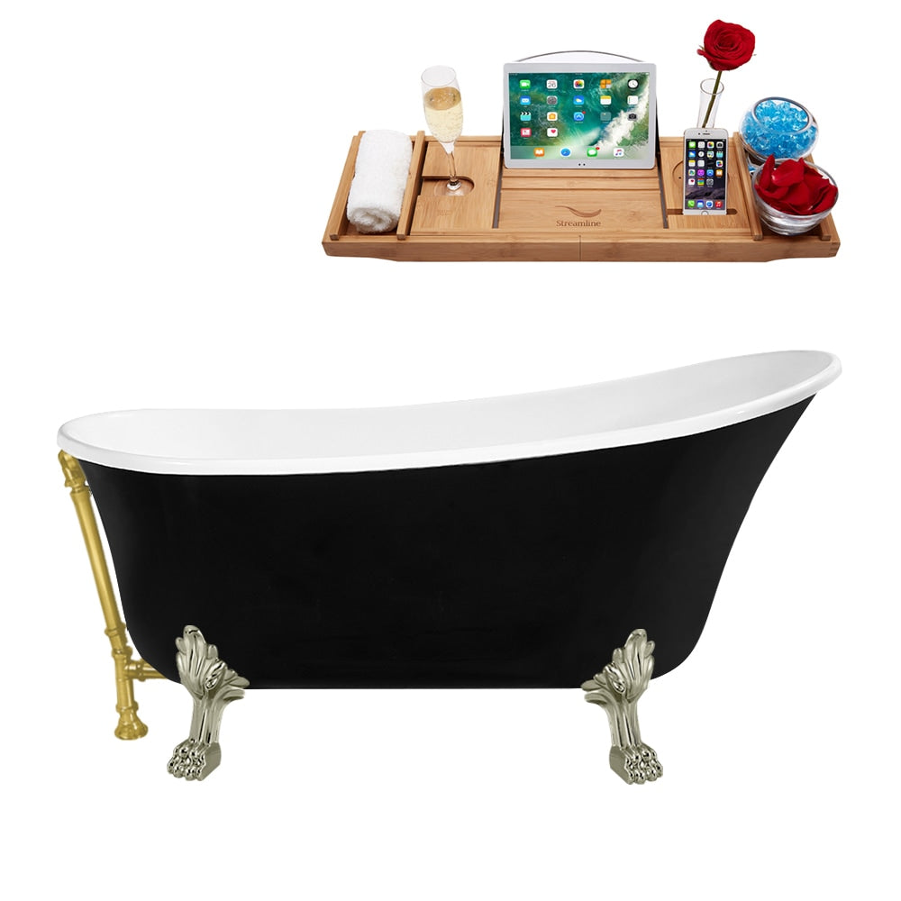 N344BNK-BGL 59 inch Clawfoot Oval Acrylic Bathtub and Tray in Glossy Black with Reversible Drain