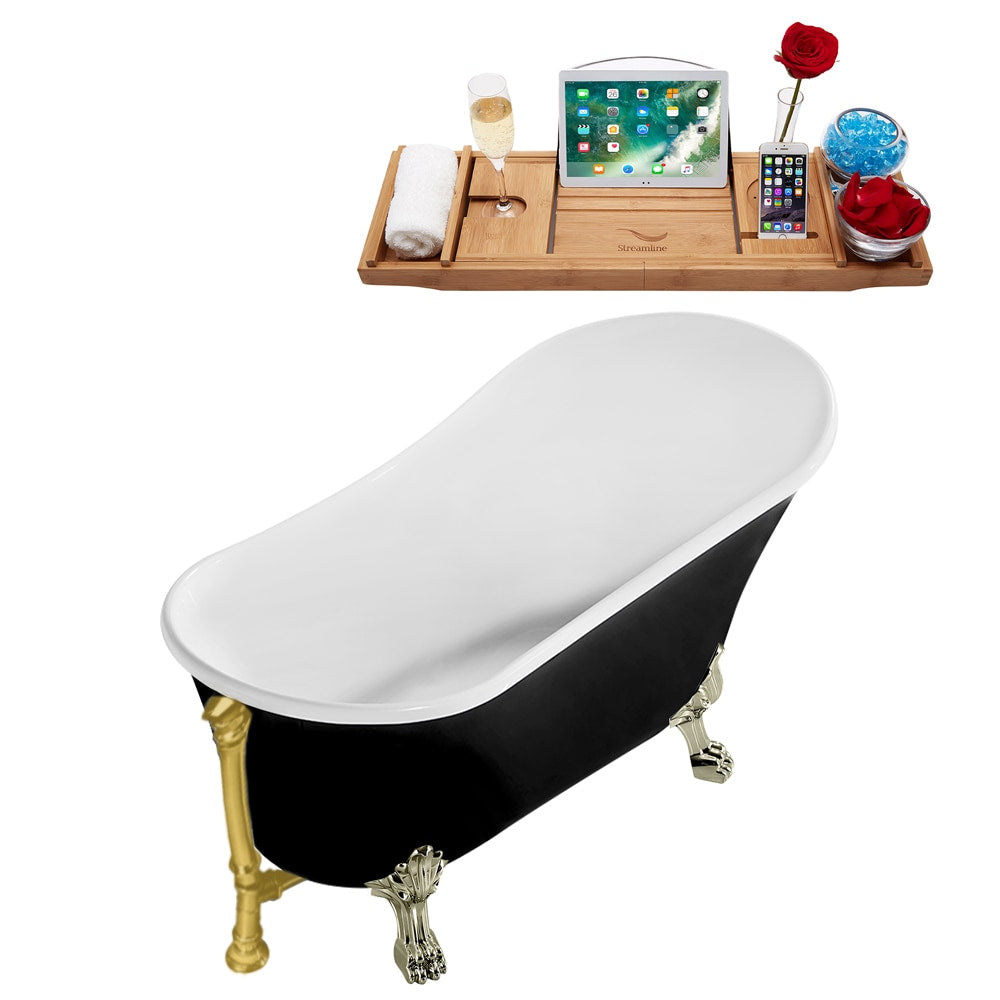 N344BNK-BGL 59 inch Clawfoot Oval Acrylic Bathtub and Tray in Glossy Black with Reversible Drain