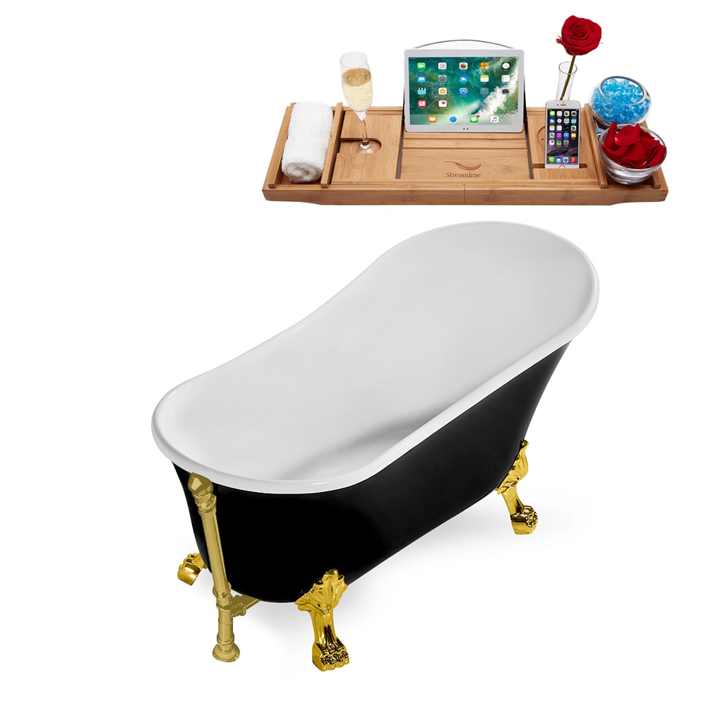 N345GLD-BGL 67 inch Clawfoot Oval Acrylic Bathtub and Tray in Glossy Black with Reversible Drain