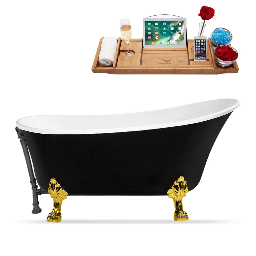 N345GLD-BGM 67 inch Clawfoot Oval Acrylic Bathtub and Tray in Glossy Black with Reversible Drain