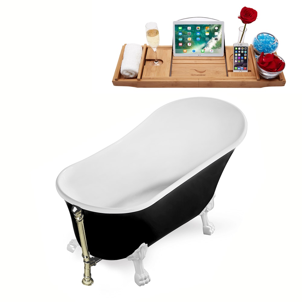 N345WH-BGM 67 inch Clawfoot Oval Acrylic Bathtub and Tray in Glossy Black with Reversible Drain