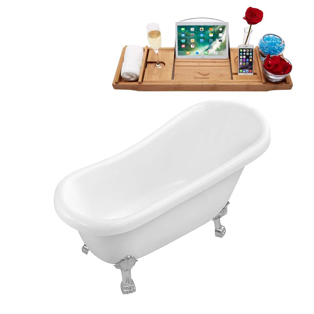 N480CH-IN-BGL 61 in. Clawfoot Oval Acrylic Bathtub and Tray in Glossy White with Reversible Drain