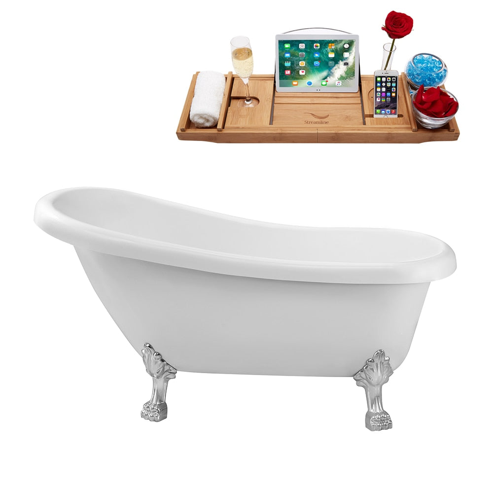 N480CH-IN-BGM 61 in. Clawfoot Oval Acrylic Bathtub and Tray in Glossy White with Reversible Drain