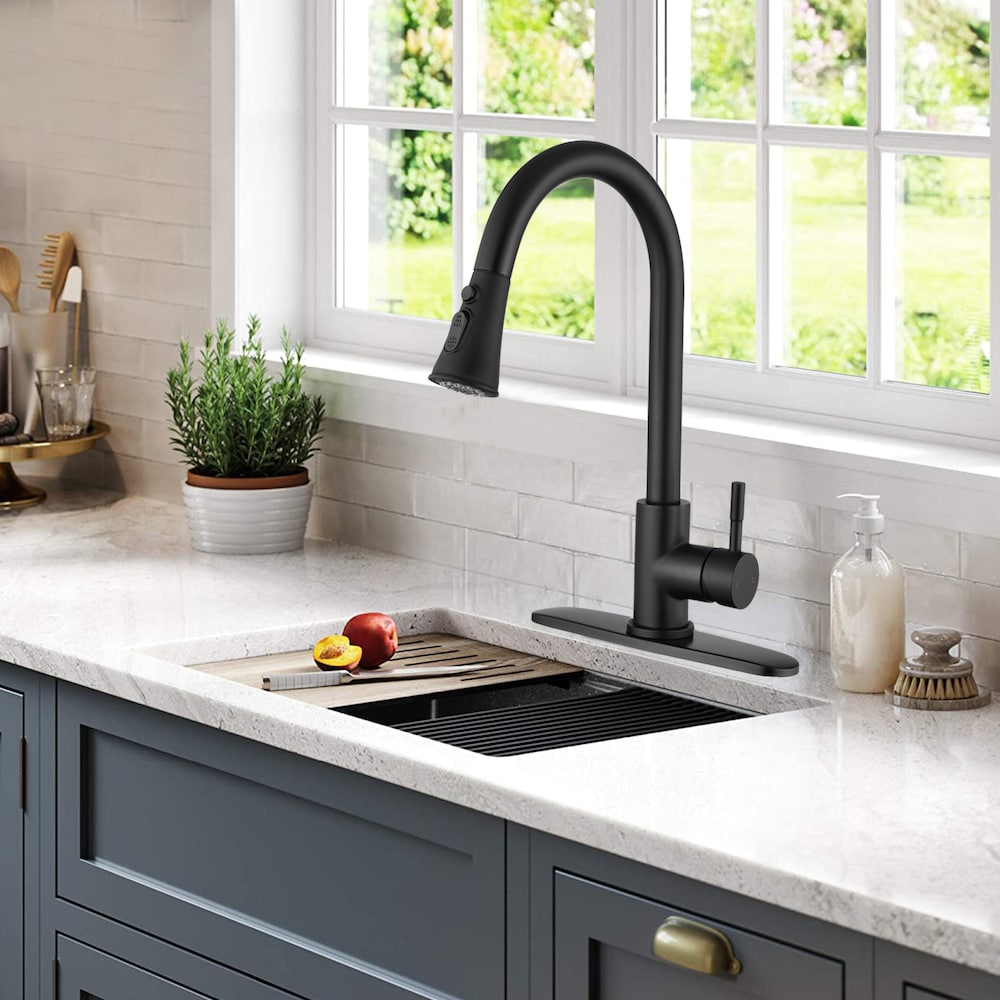 Single-Handle Stainless Steel Pull Down Sprayer Kitchen Faucet with Escutcheon in Matte Black