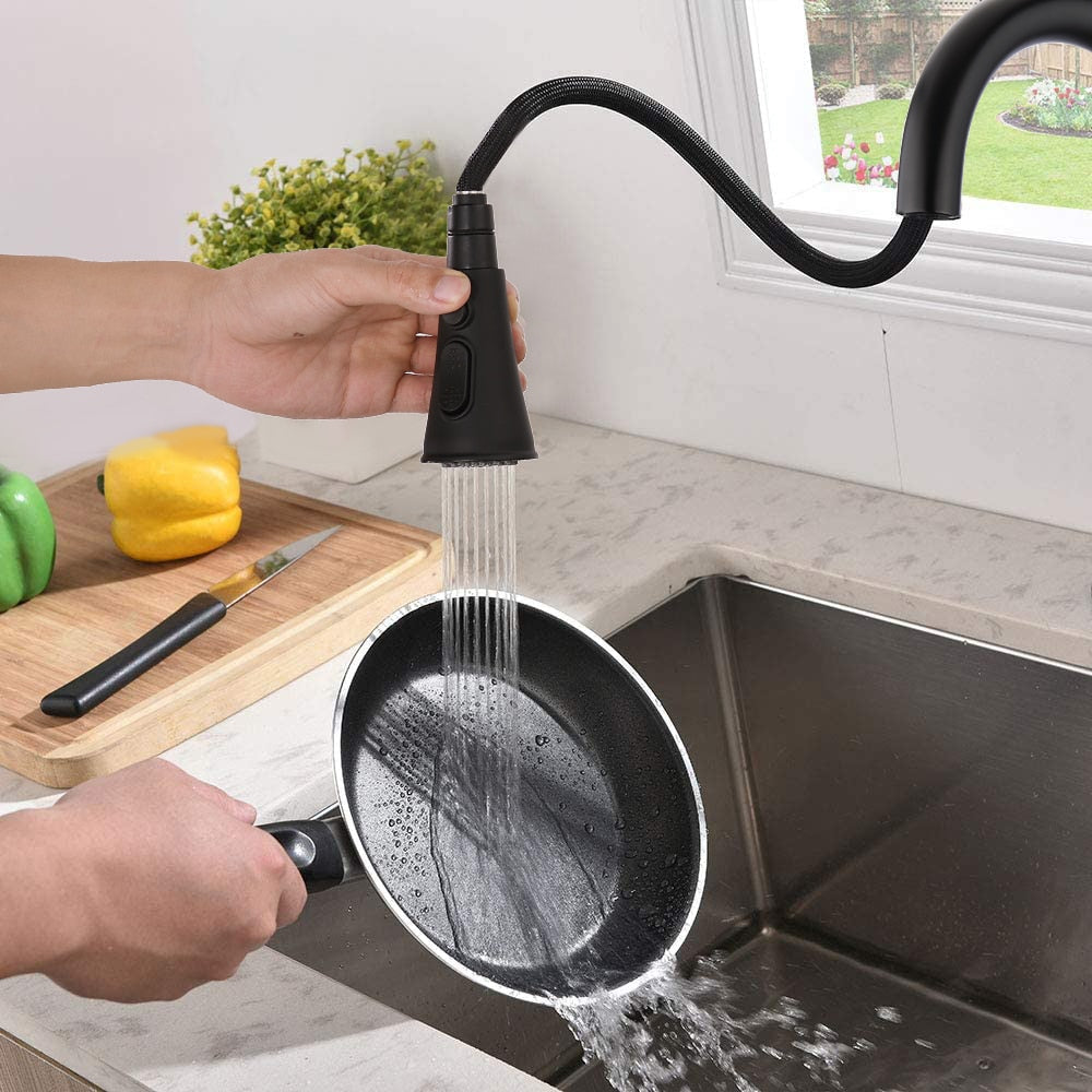 Single-Handle Stainless Steel Pull Down Sprayer Kitchen Faucet with Escutcheon in Matte Black