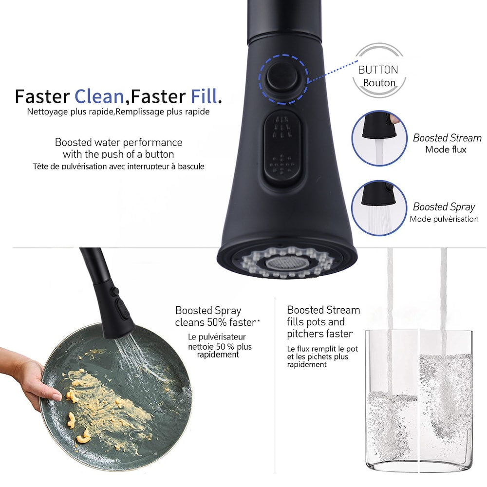 Single-Handle Stainless Steel Pull Down Sprayer Kitchen Faucet with Escutcheon in Matte Black