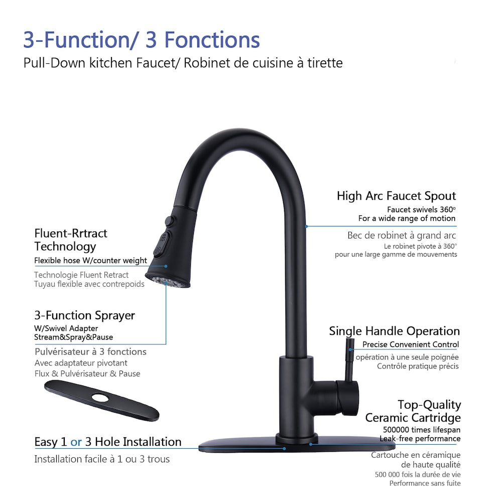 Single-Handle Stainless Steel Pull Down Sprayer Kitchen Faucet with Escutcheon in Matte Black