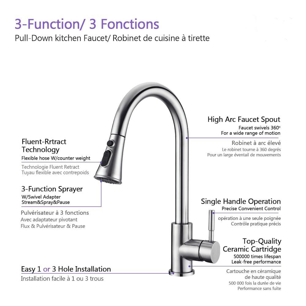 Single-Handle Stainless Steel Pull Down Sprayer Kitchen Faucet with Escutcheon in Brushed Nickel