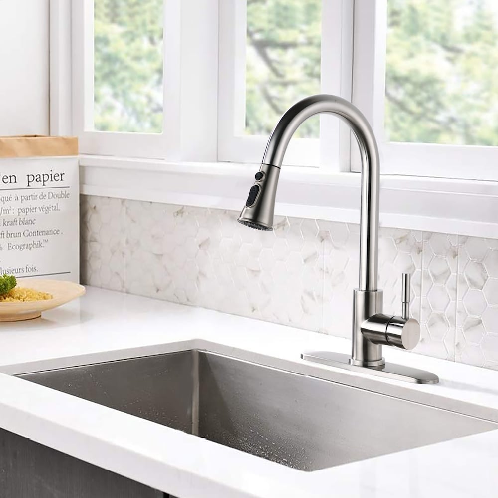 Single-Handle Stainless Steel Pull Down Sprayer Kitchen Faucet with Escutcheon in Brushed Nickel