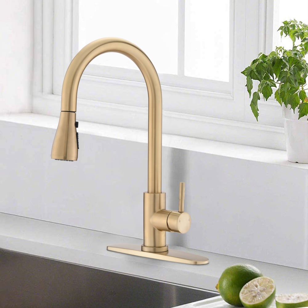 Single-Handle Stainless Steel Pull Down Sprayer Kitchen Faucet with Deck Plate in Brushed Gold