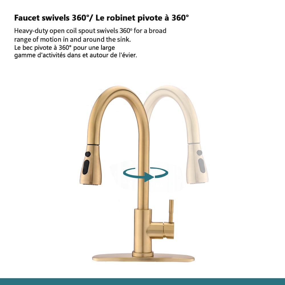 Single-Handle Stainless Steel Pull Down Sprayer Kitchen Faucet with Deck Plate in Brushed Gold