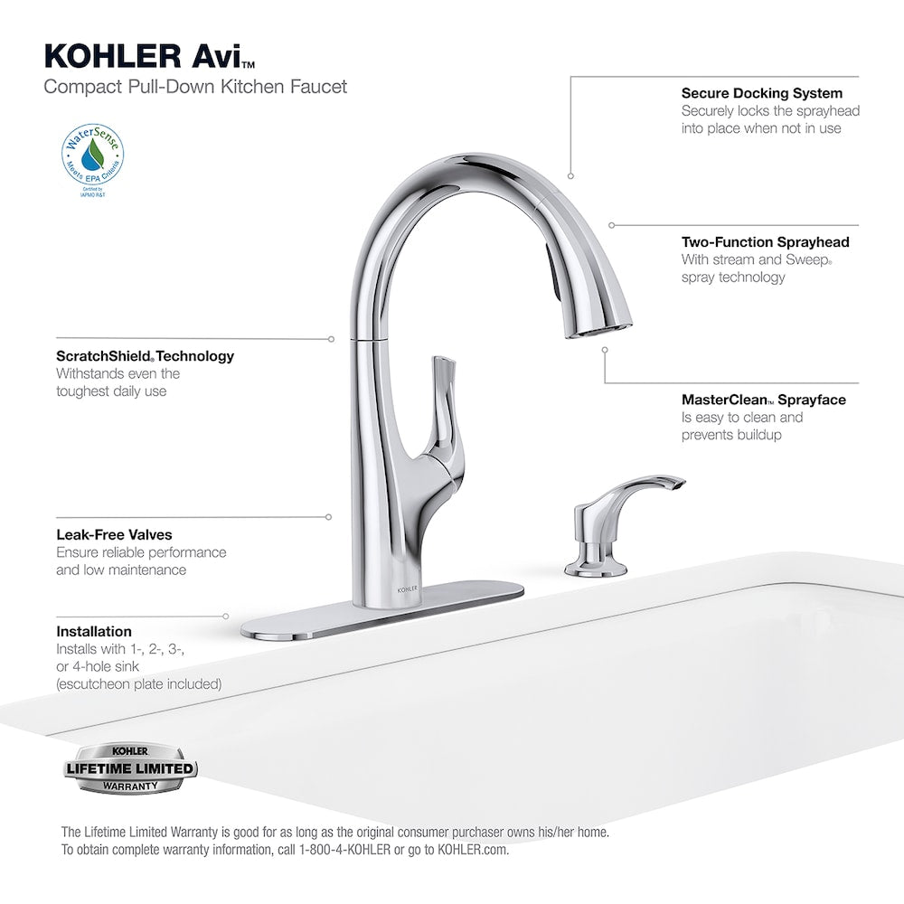 Robinet d'évier de cuisine à poignée unique extractible Avi en chrome