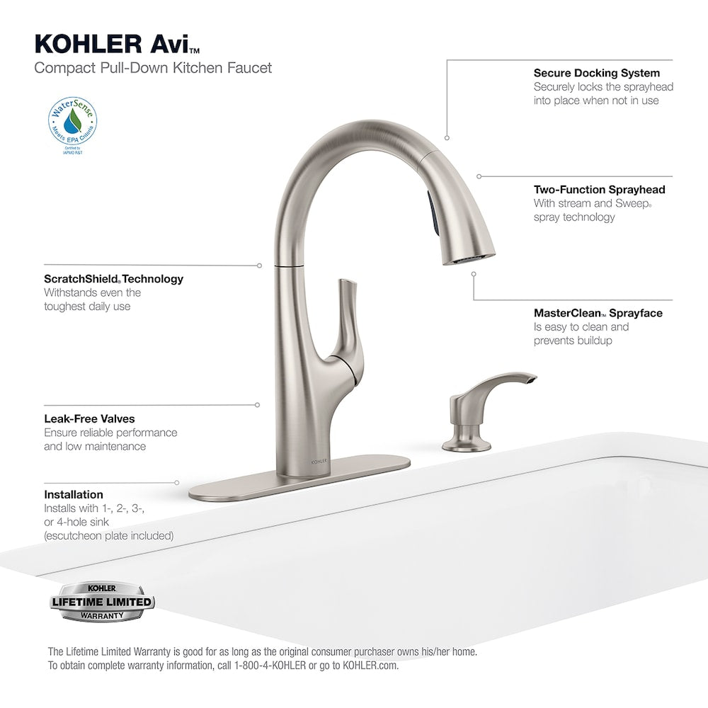 Robinet d'évier de cuisine à poignée unique extractible Avi en acier inoxydable vibrant