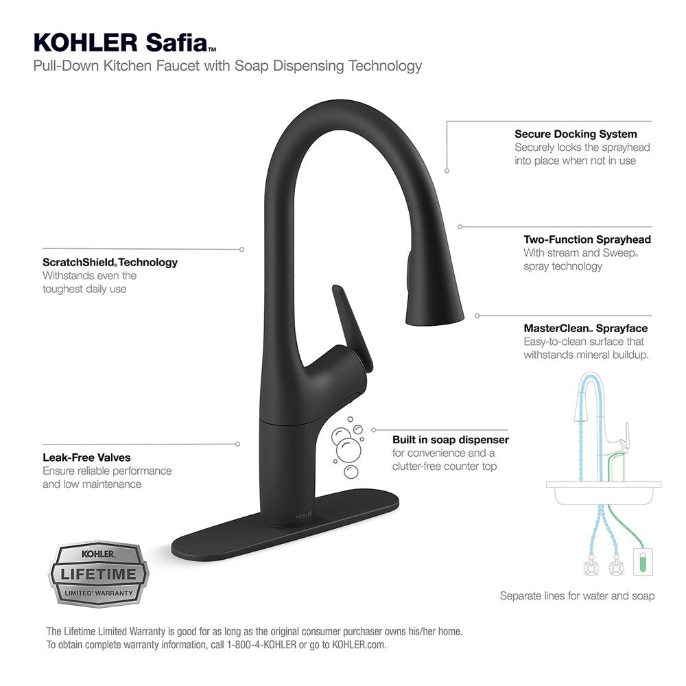 Robinet de cuisine à tirette Safia à 1 poignée avec distributeur de savon en noir