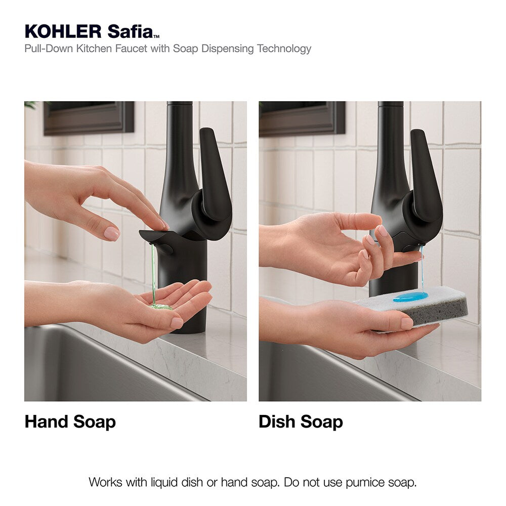 Robinet de cuisine à tirette Safia à 1 poignée avec distributeur de savon en noir
