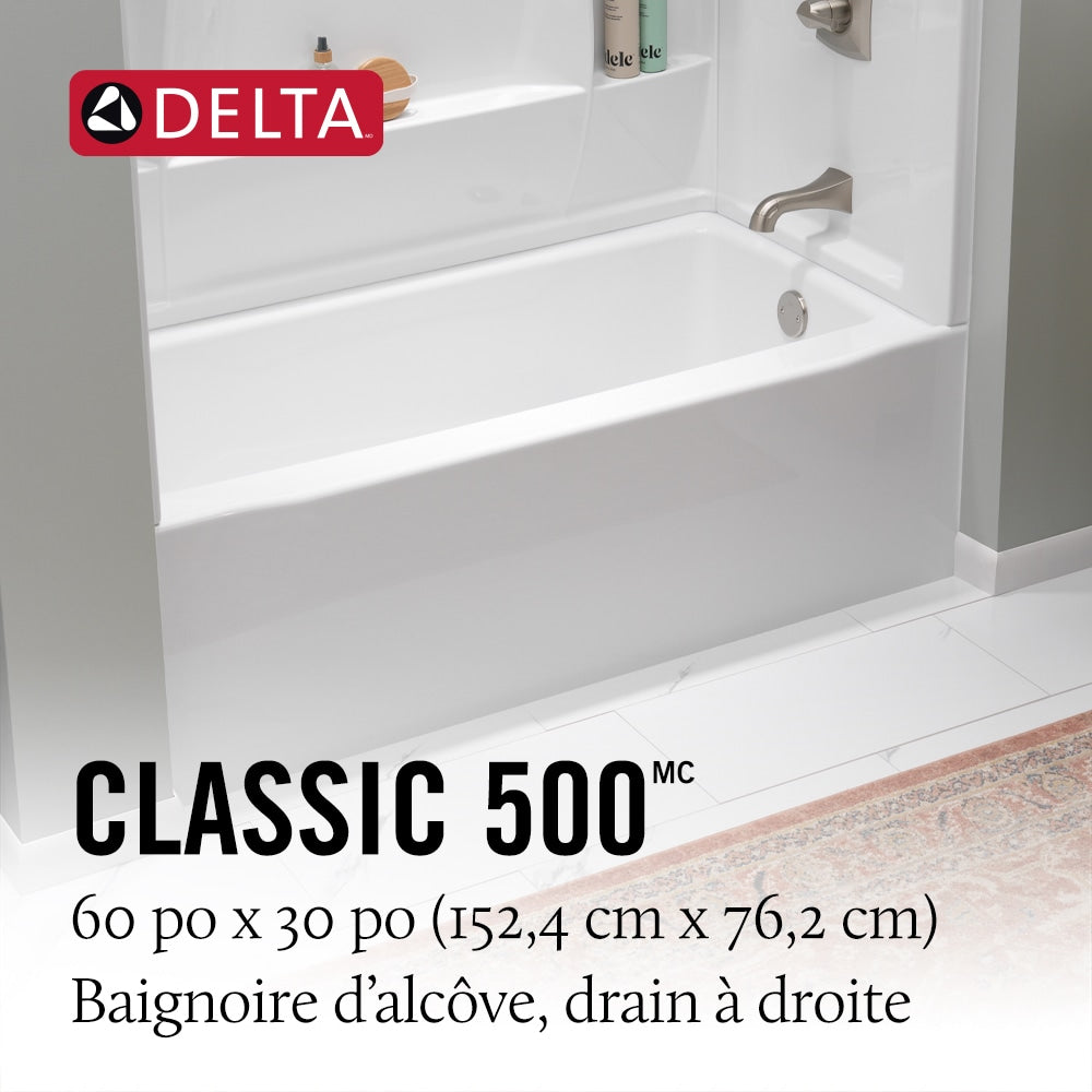 Baignoire en alcôve rectangulaire Classic 500 de 60 po x 30 po avec drain à droite en blanc brillant