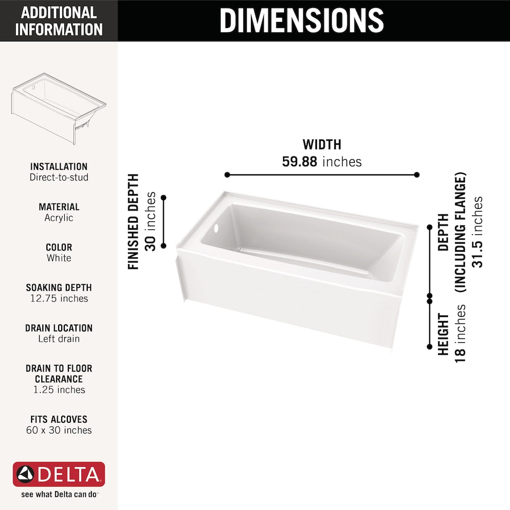 Classic 500 60 in. x 30 in. Left Drain Rectangular Alcove Bathtub in High Gloss White