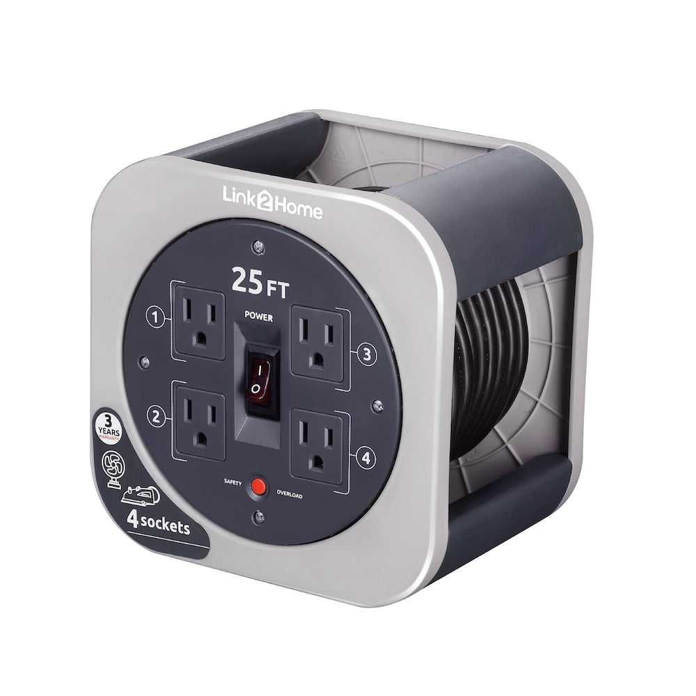 Cord Reel 25 ft. Extension Cord 4 Power Outlets - 16 AWG SJT Cable