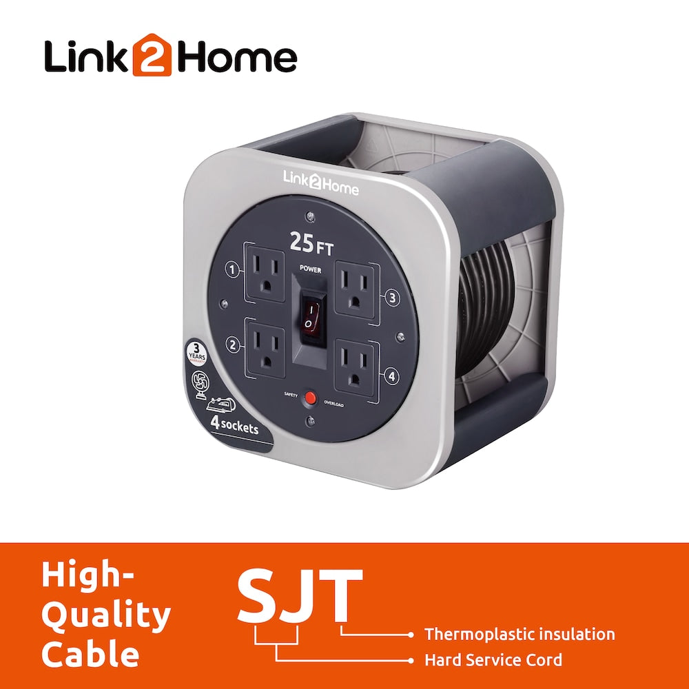 Cord Reel 25 ft. Extension Cord 4 Power Outlets - 16 AWG SJT Cable