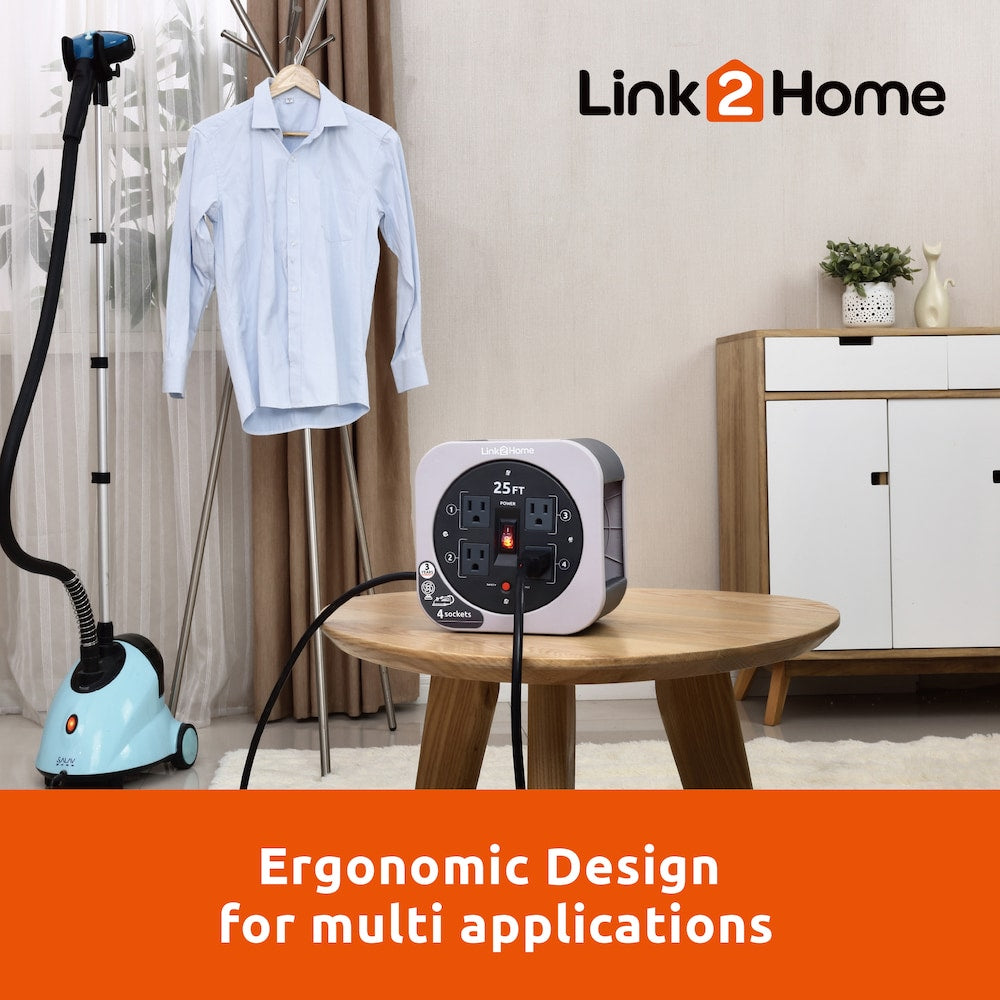 Cord Reel 25 ft. Extension Cord 4 Power Outlets - 16 AWG SJT Cable