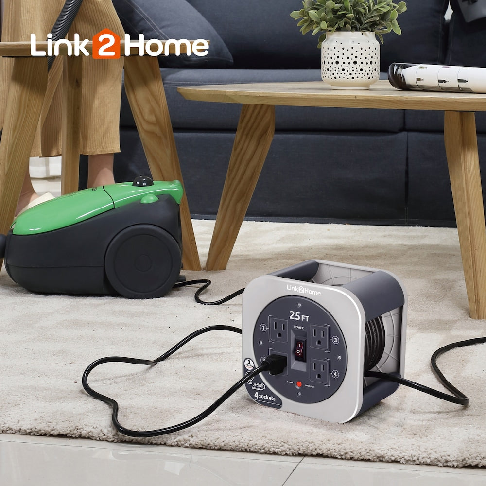 Cord Reel 25 ft. Extension Cord 4 Power Outlets - 16 AWG SJT Cable