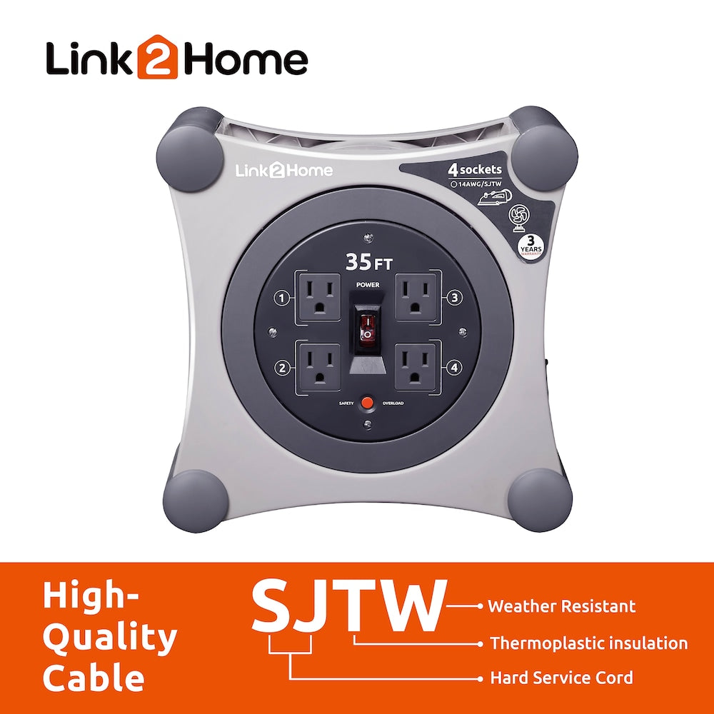 Cord Reel 35 ft. Extension Cord 4 Power Outlets - 14 AWG SJTW Cable