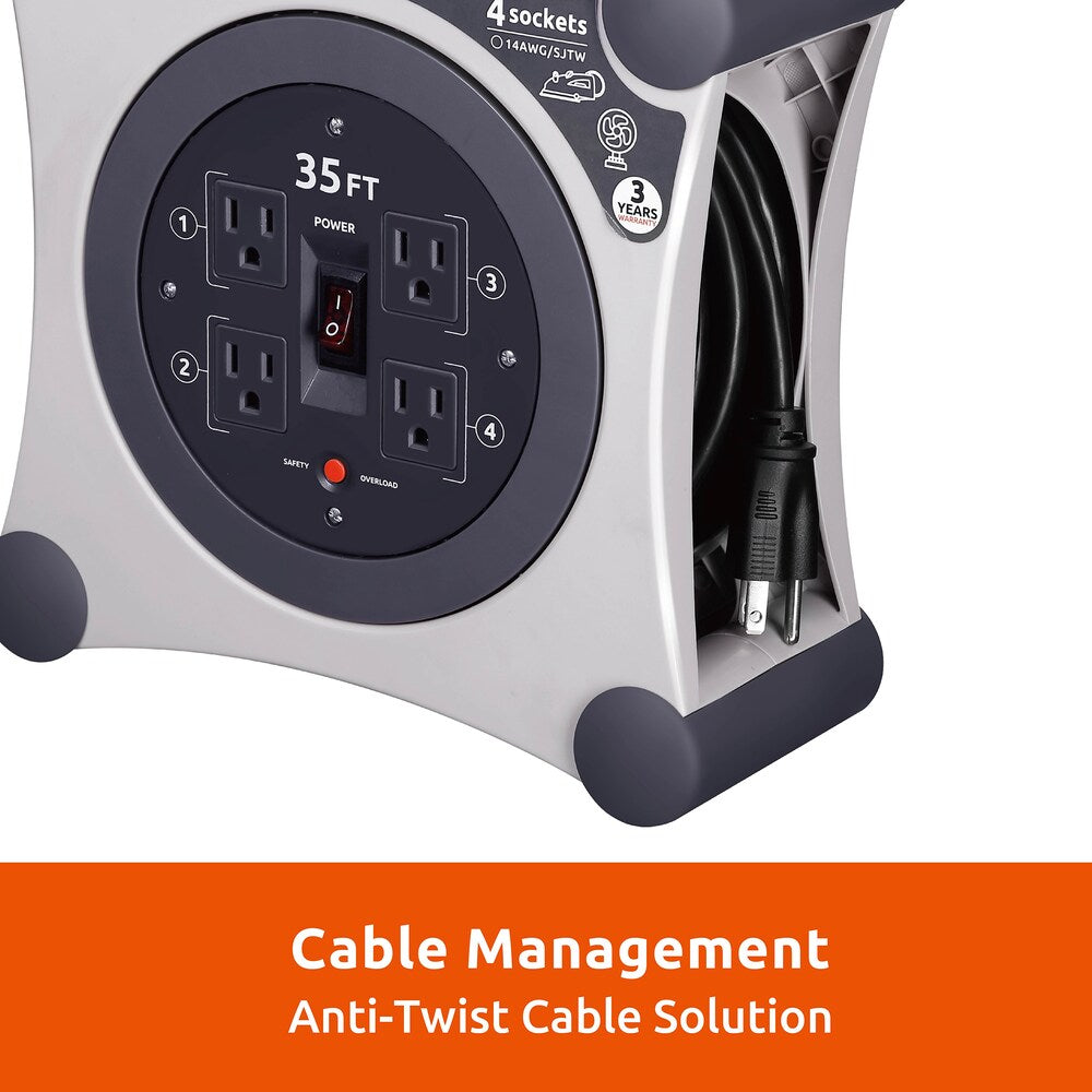 Cord Reel 35 ft. Extension Cord 4 Power Outlets - 14 AWG SJTW Cable
