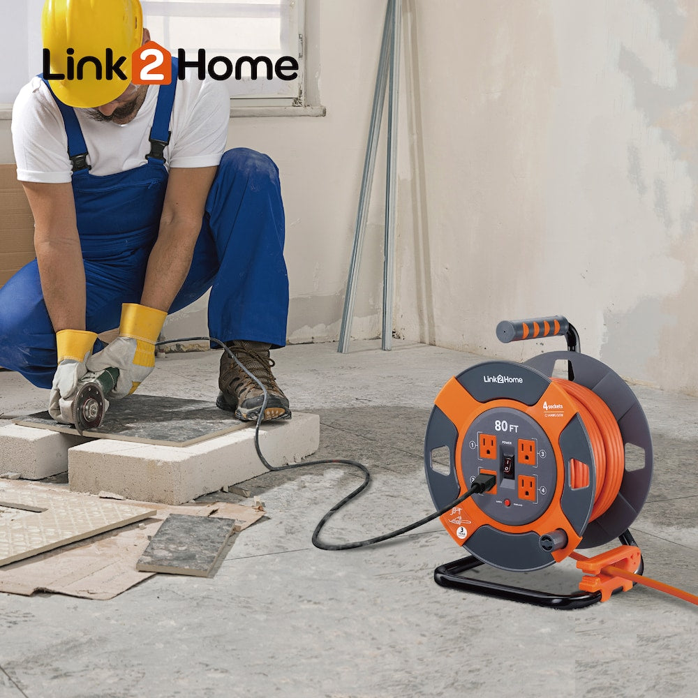 Cord Reel 80 ft. Extension Cord 4 Power Outlets - 14 AWG SJTW Cable