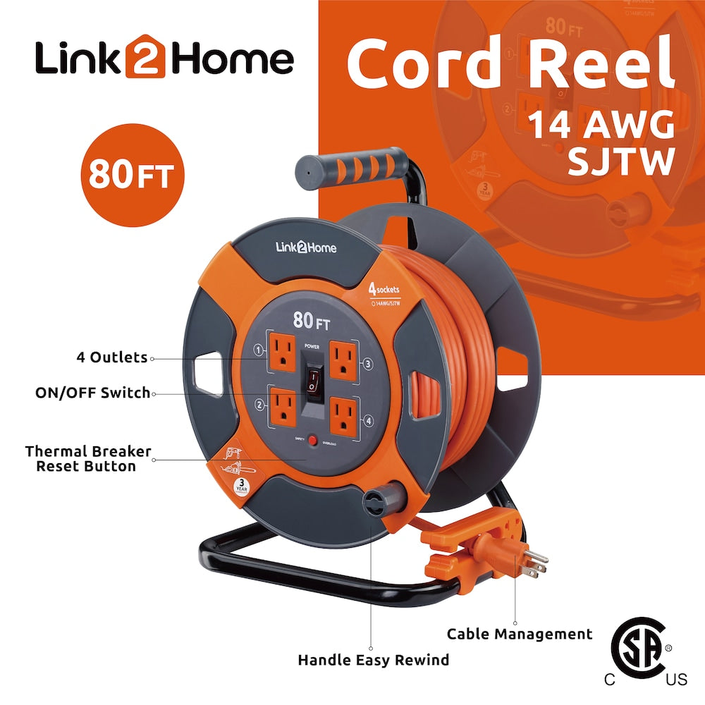 Cord Reel 80 ft. Extension Cord 4 Power Outlets - 14 AWG SJTW Cable