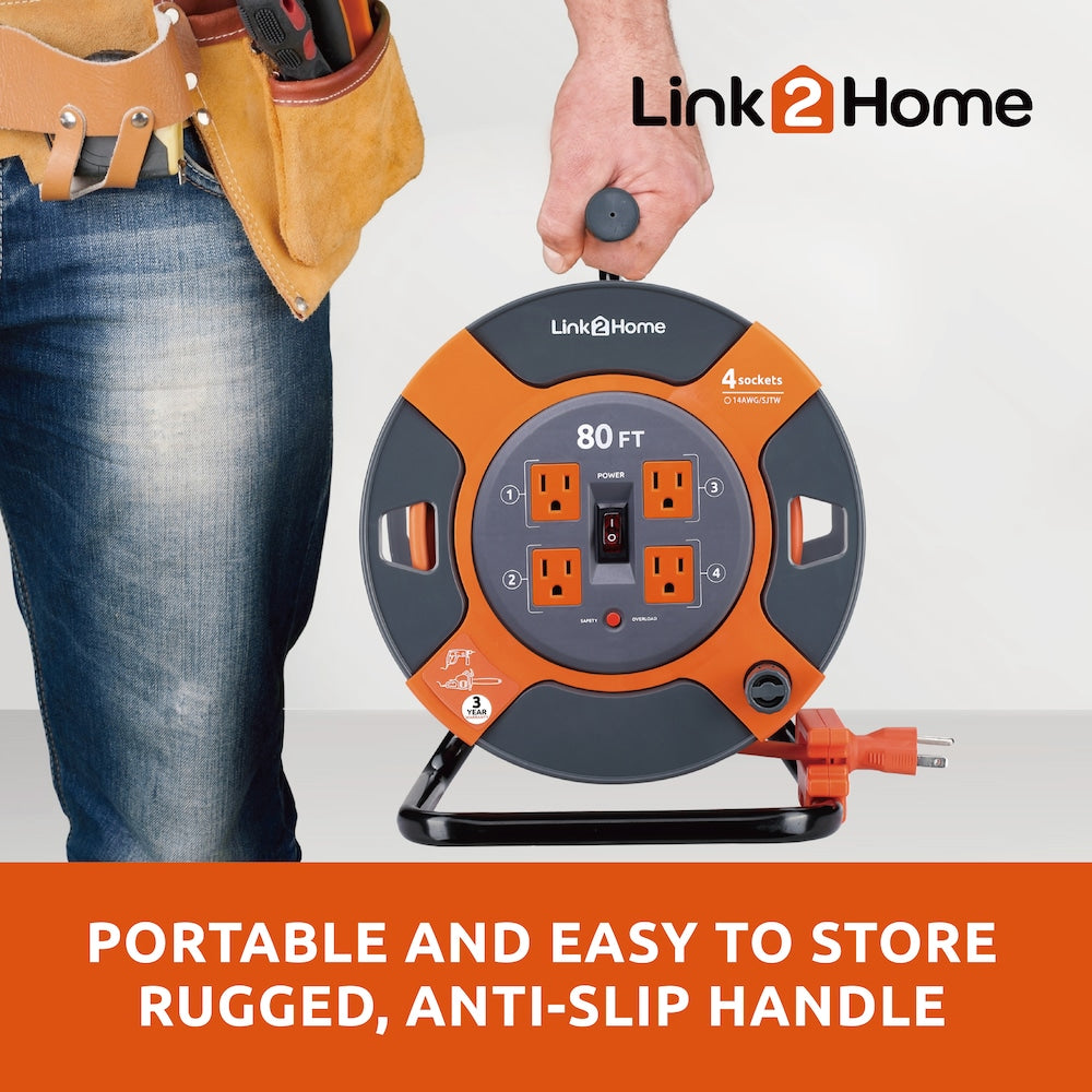 Cord Reel 80 ft. Extension Cord 4 Power Outlets - 14 AWG SJTW Cable