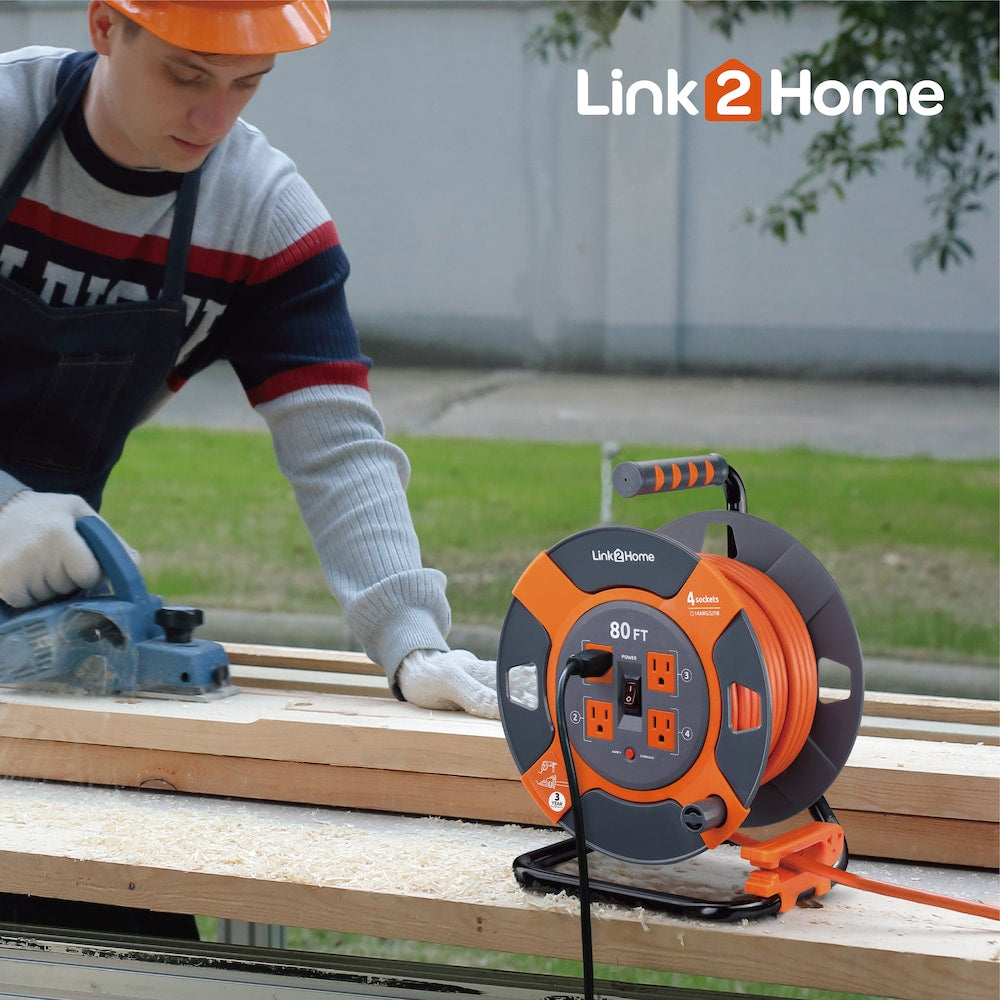 Cord Reel 80 ft. Extension Cord 4 Power Outlets - 14 AWG SJTW Cable