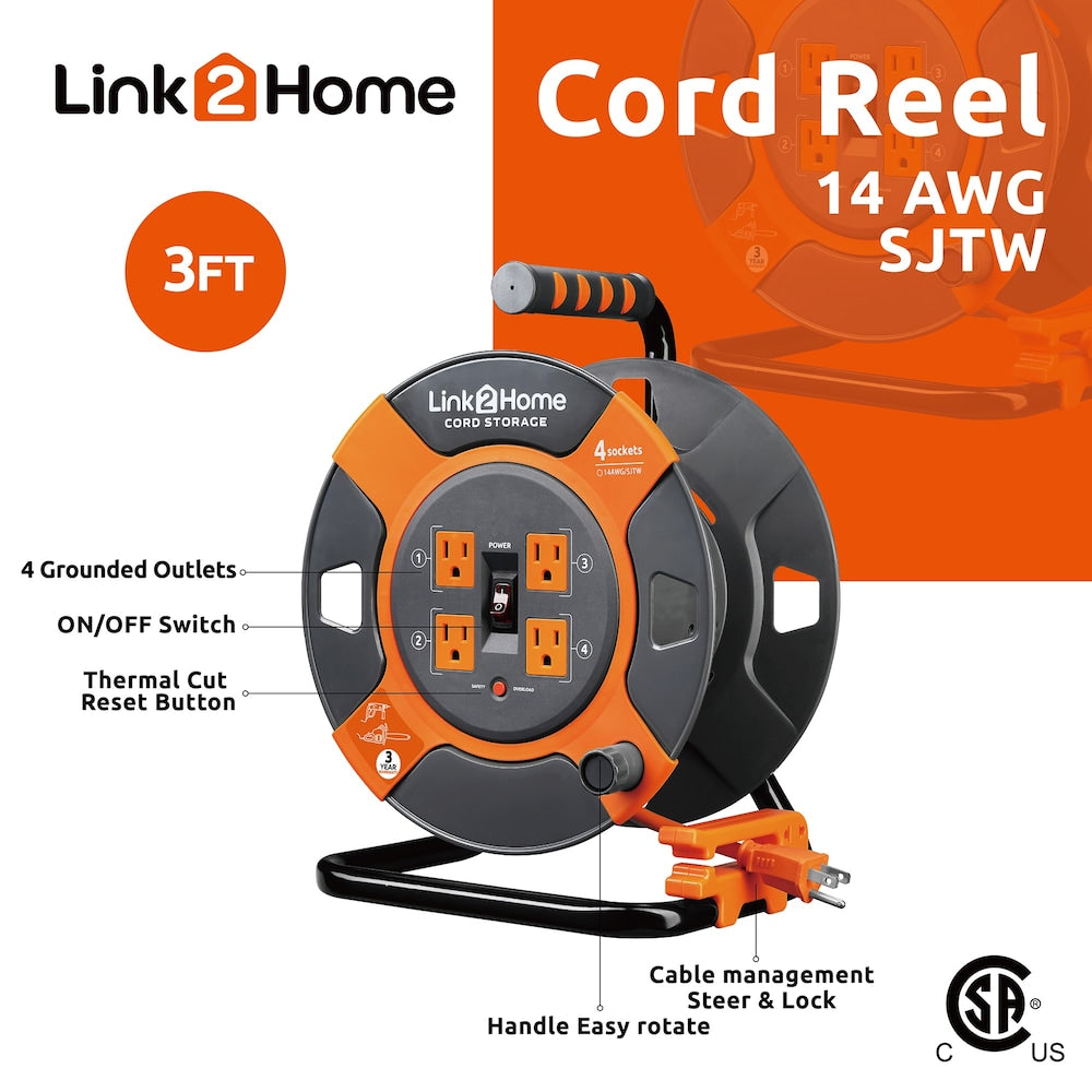 Cord Reel Cable Management 3 ft. 4 Power Outlets - 14 AWG SJTW Cable