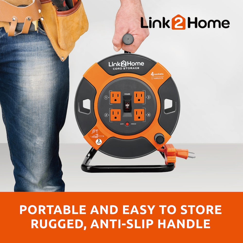 Cord Reel Cable Management 3 ft. 4 Power Outlets - 14 AWG SJTW Cable