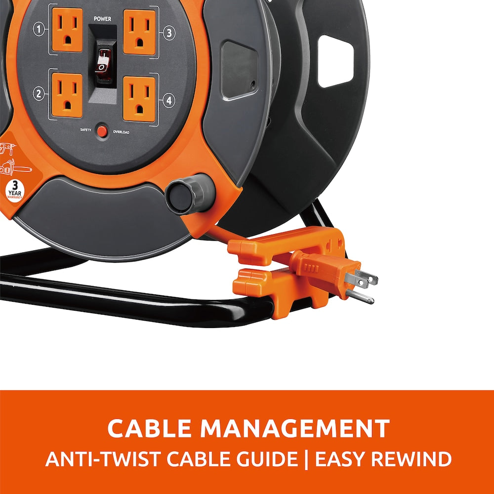 Cord Reel Cable Management 3 ft. 4 Power Outlets - 14 AWG SJTW Cable