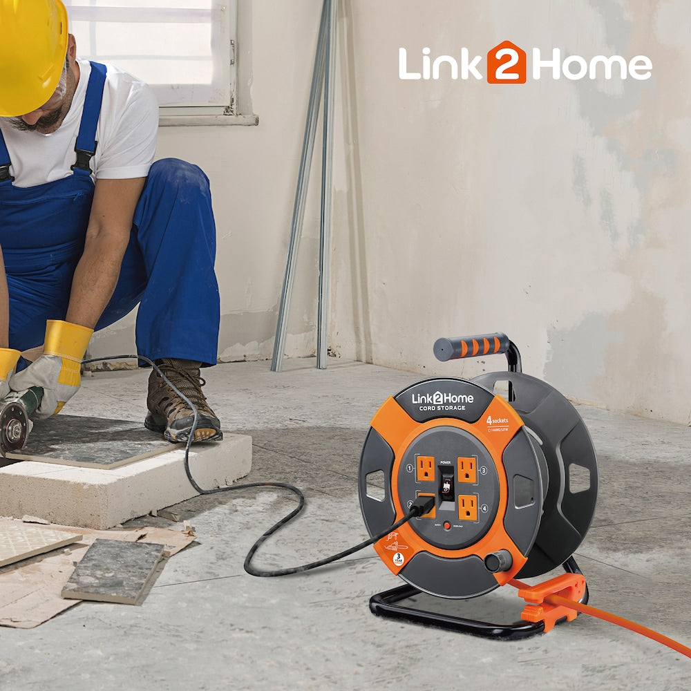Cord Reel Cable Management 3 ft. 4 Power Outlets - 14 AWG SJTW Cable
