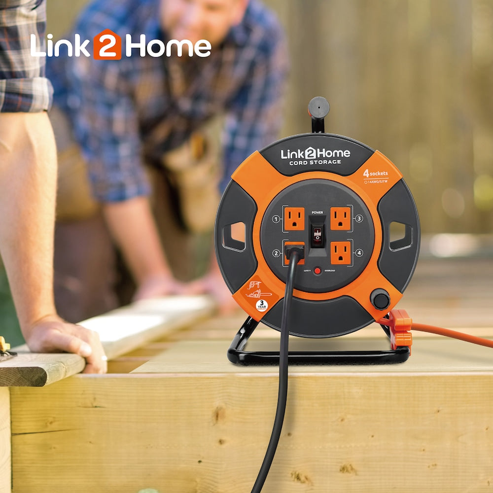 Cord Reel Cable Management 3 ft. 4 Power Outlets - 14 AWG SJTW Cable