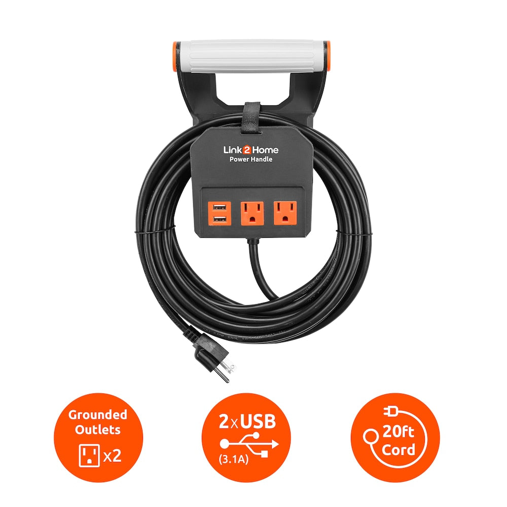 Power Handle 20 ft. Extension Cord 2 Power Outlets with USB - 14 AWG SJT Cable