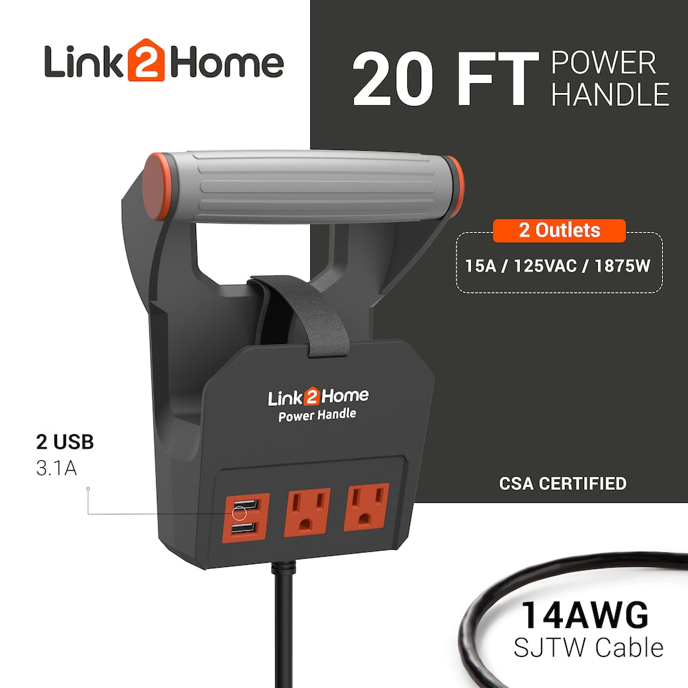 Power Handle 20 ft. Extension Cord 2 Power Outlets with USB - 14 AWG SJT Cable