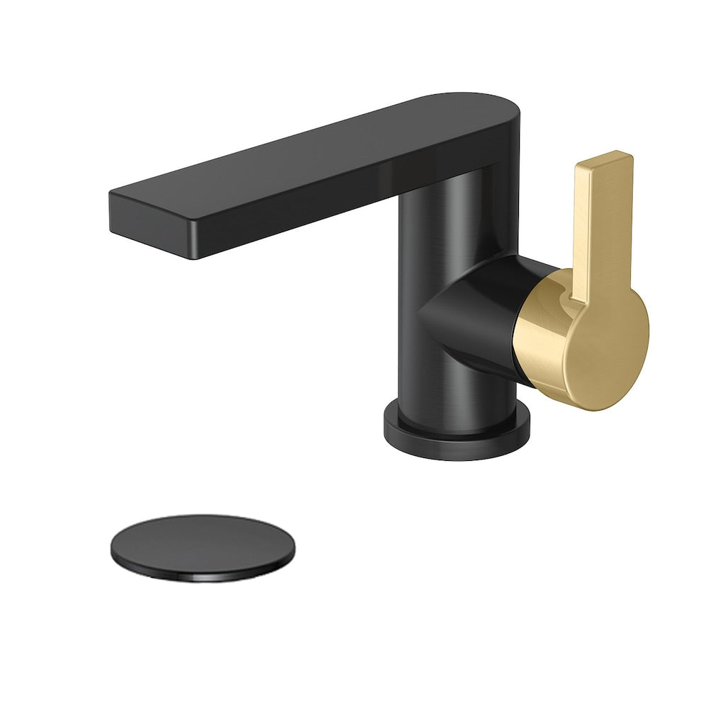 Robinet de salle de bain monotrou à poignée unique avec bonde escamotable en finition or mat et noir mat