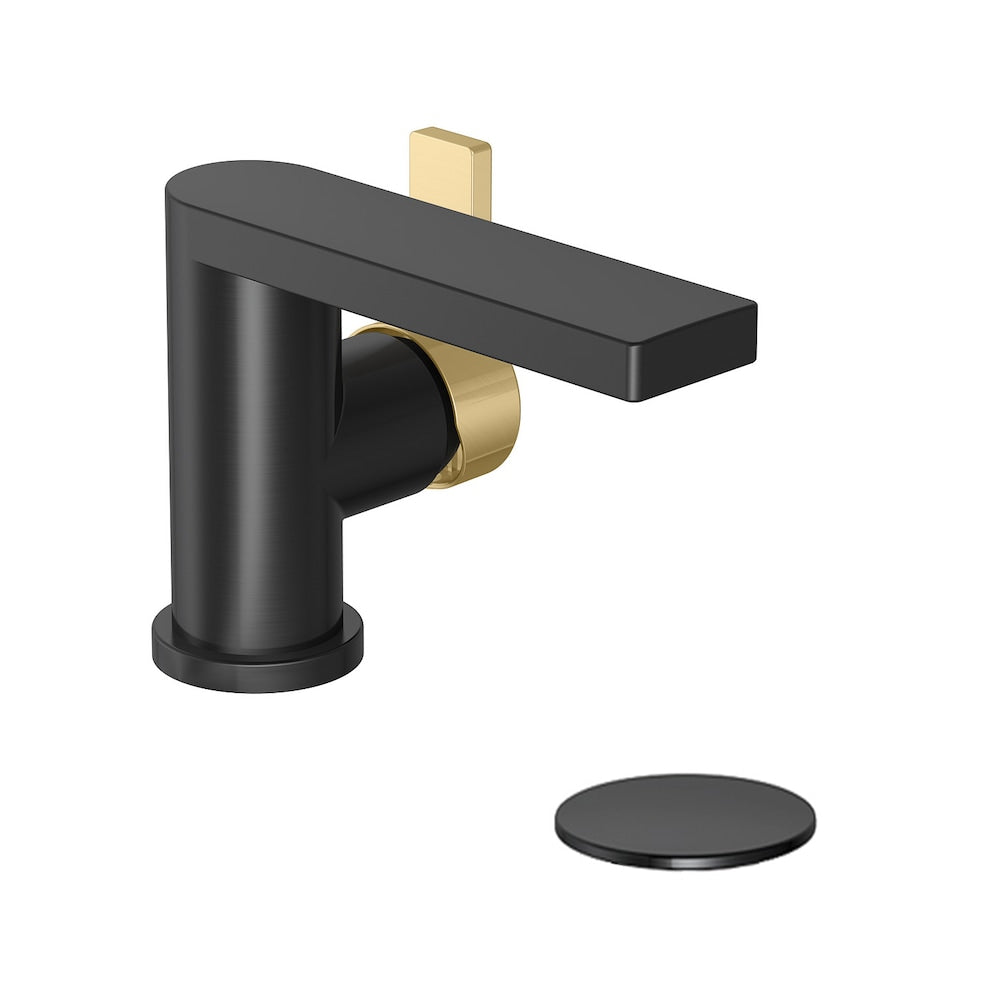 Robinet de salle de bain monotrou à poignée unique avec bonde escamotable en finition or mat et noir mat