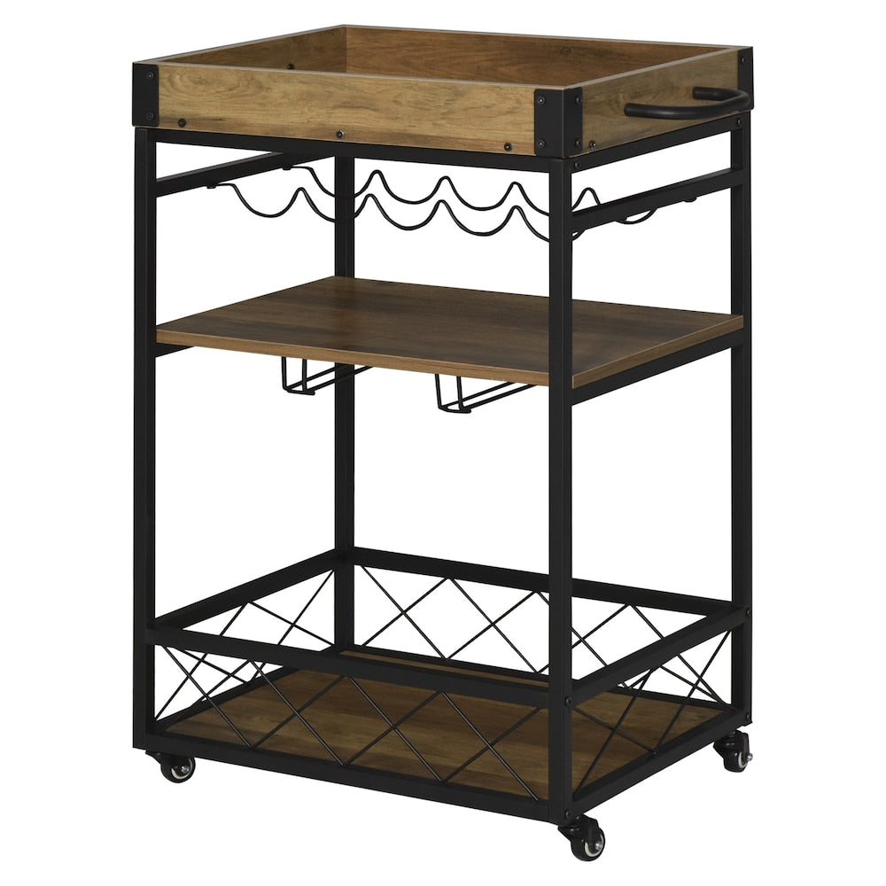 30.25-inch W Bar Rolling Cart Kitchen Island Trolley 5-bottle Wine Rack Serving Tray in Brown