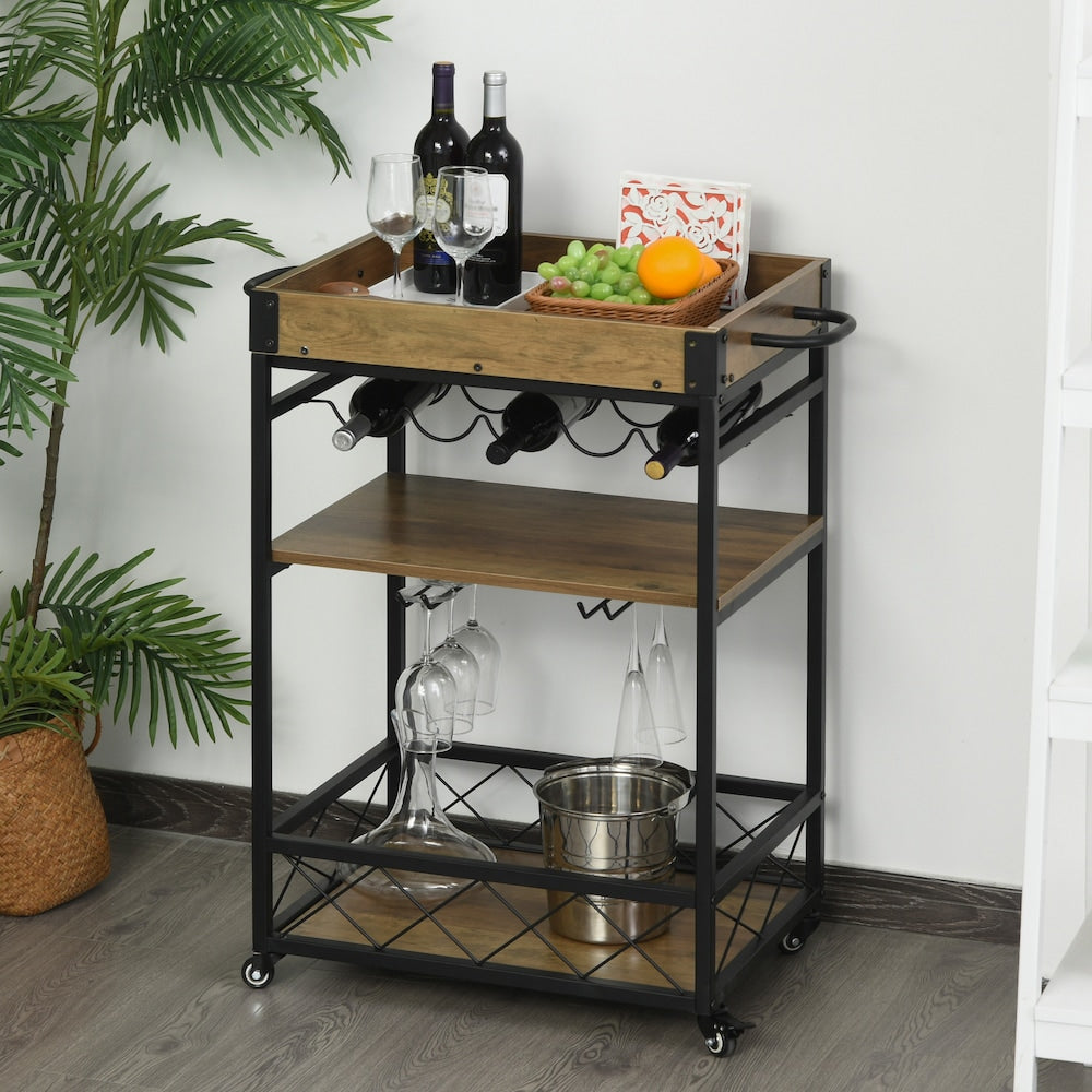 30.25-inch W Bar Rolling Cart Kitchen Island Trolley 5-bottle Wine Rack Serving Tray in Brown