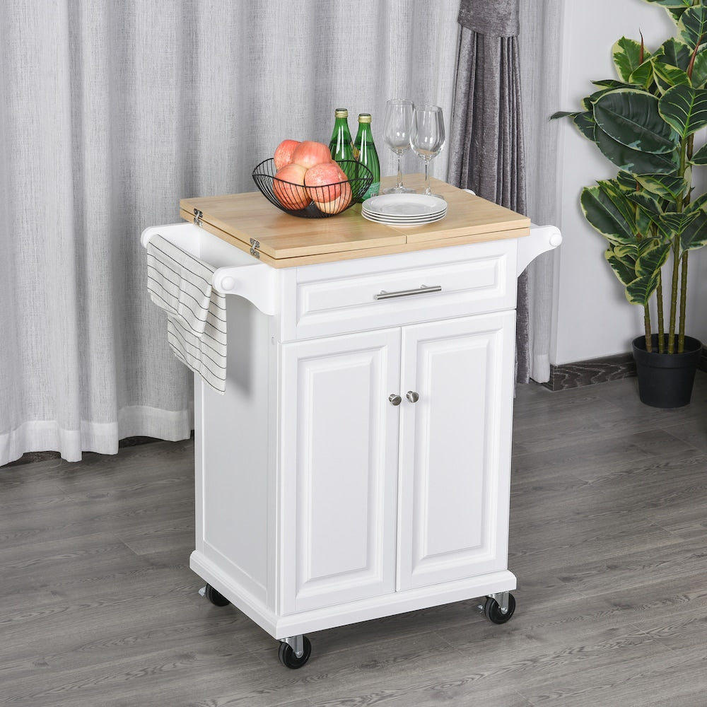 47-inch W Kitchen Island Cart on Wheels Extended Counter Drawer Cabinet Towel Racks in White