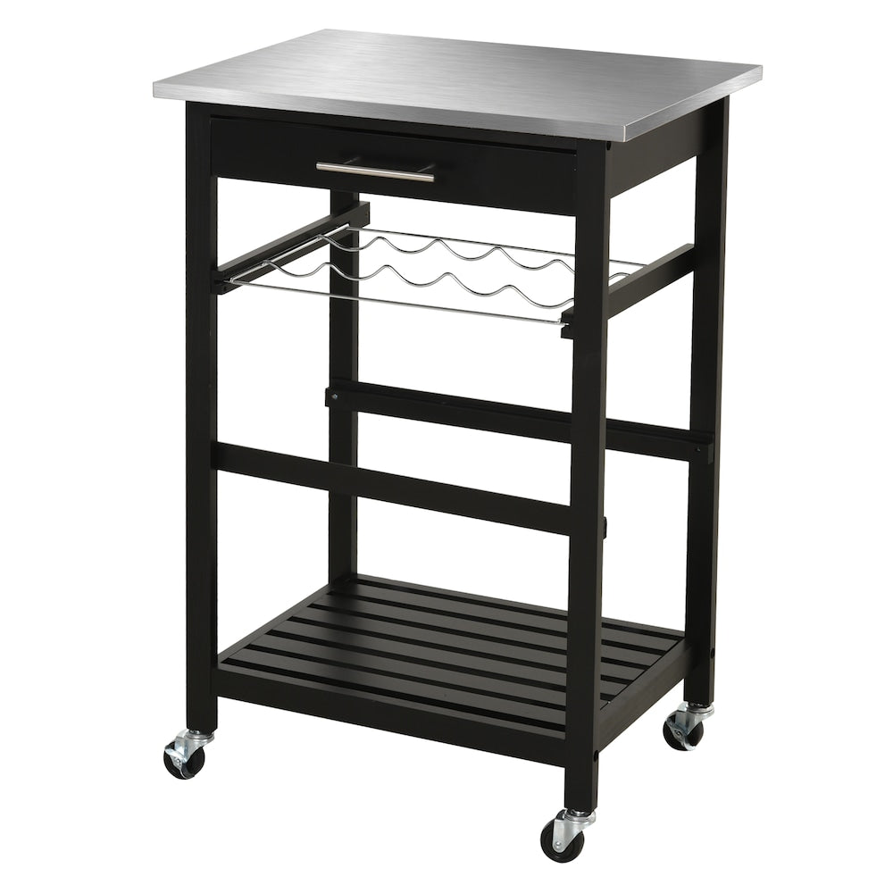 23.5-inch W Kitchen Island, Drawer, Stainless Steel Top, Wine Rack in Black