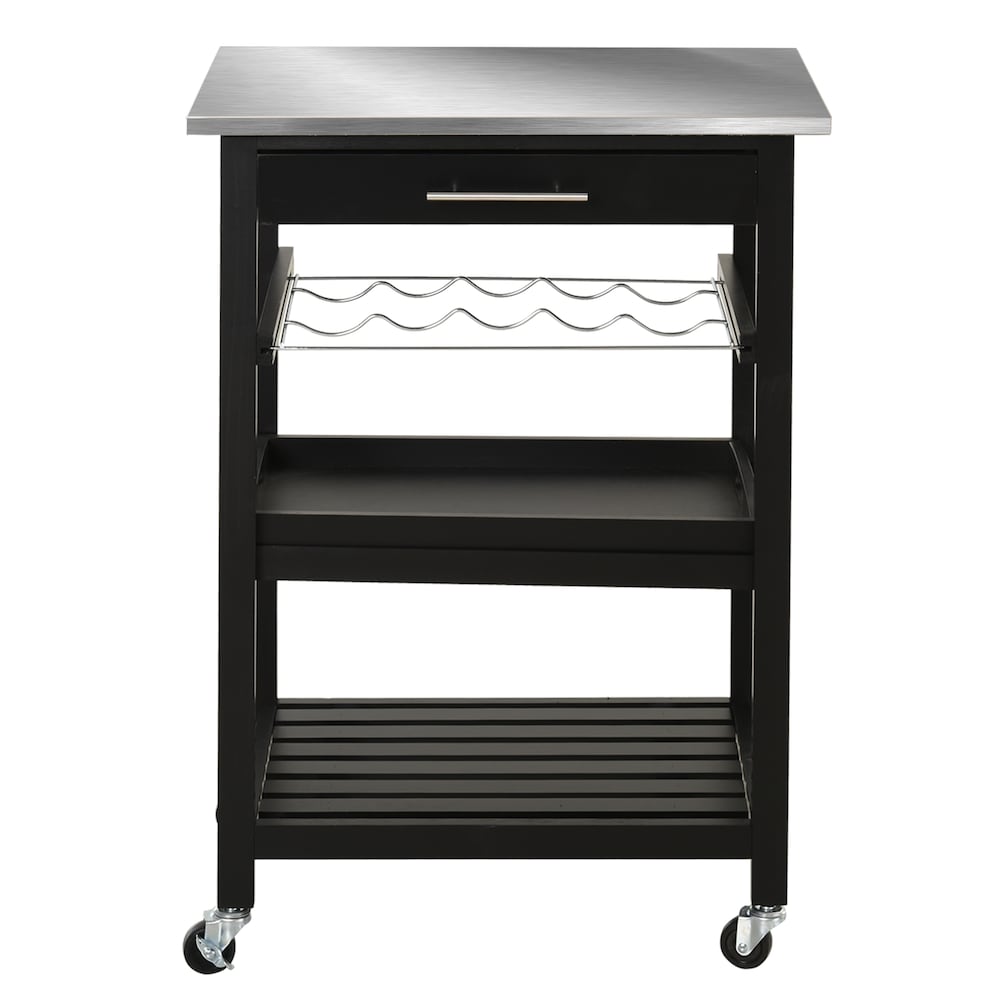 23.5-inch W Kitchen Island, Drawer, Stainless Steel Top, Wine Rack in Black
